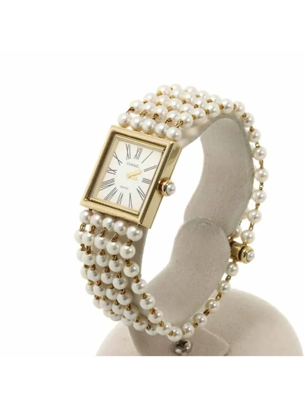 Chanel Mademoiselle Pearl Bracelet L Watch White 18K Yellow Gold Quartz